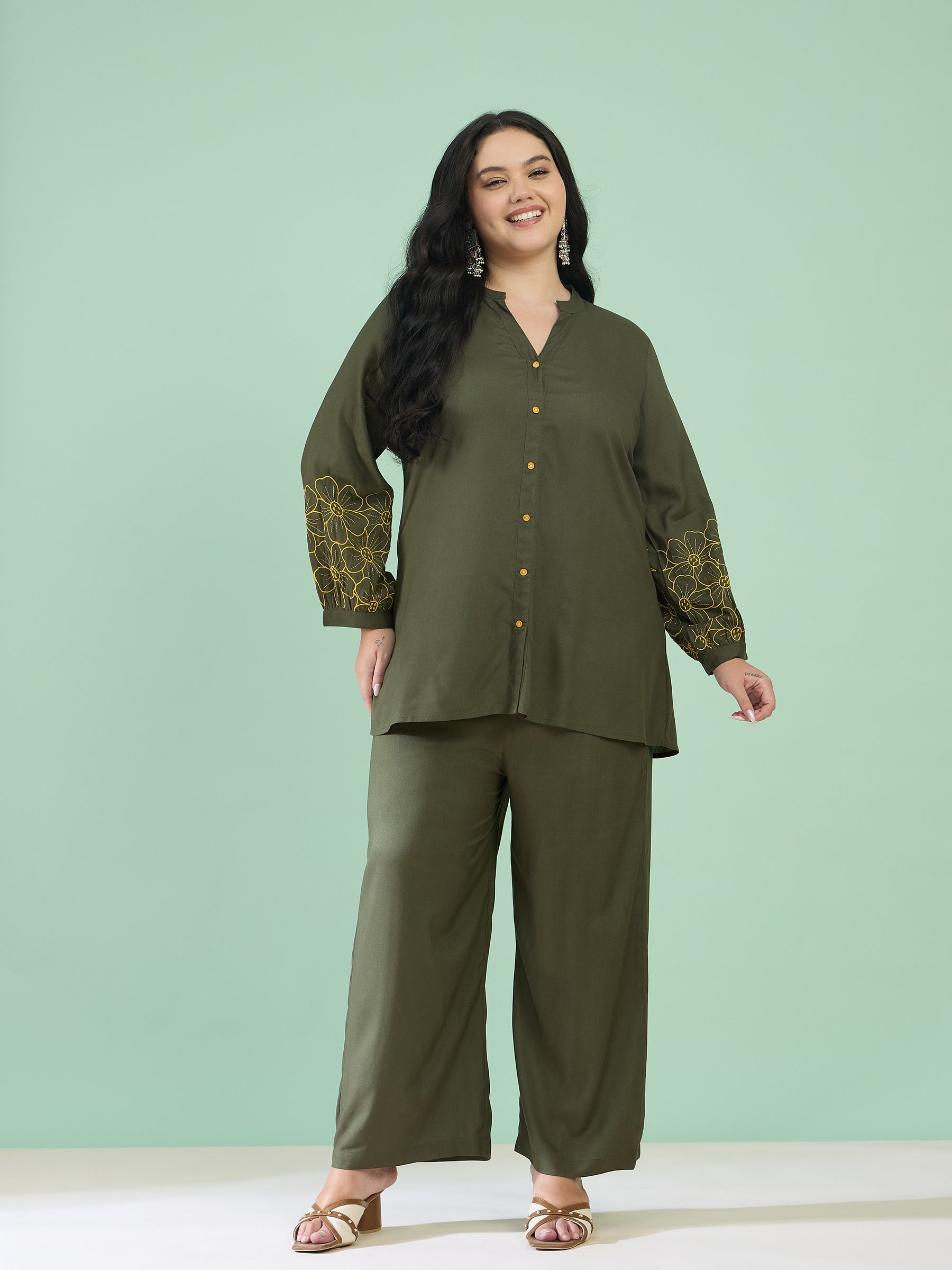 Women Olive Embroidered Sleeves Shirt With Pants