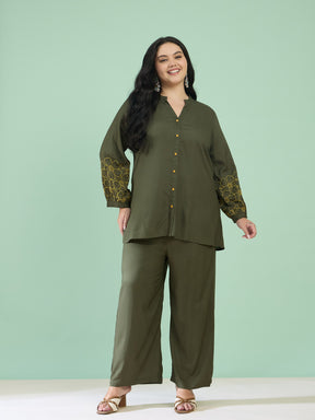 Women Olive Embroidered Sleeves Shirt With Pants