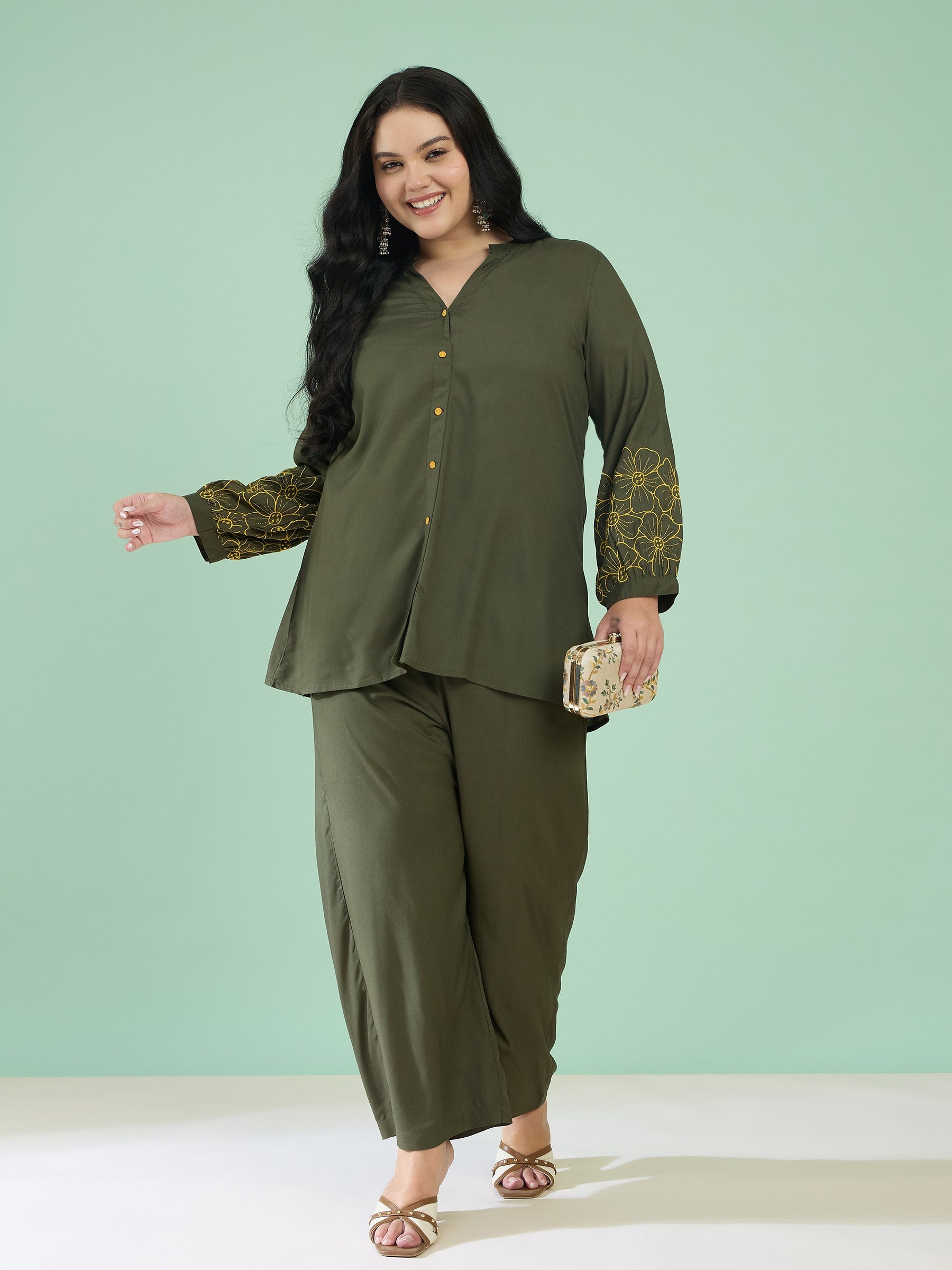 Women Olive Embroidered Sleeves Shirt With Pants