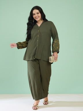 Women Olive Embroidered Sleeves Shirt With Pants