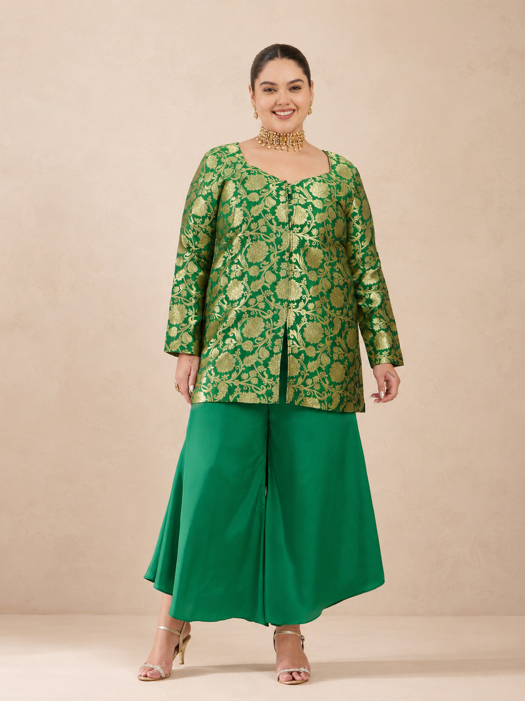 Green Brocade Sweetheart Neck With Flared Pants-Shae by SASSAFRAS