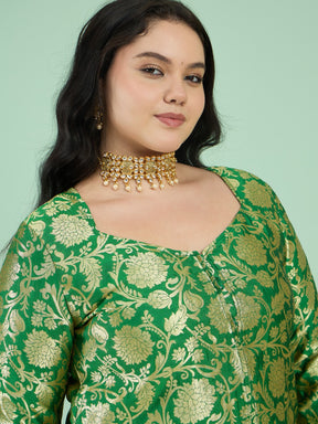 Women Green Brocade Sweetheart Neck With Flared Pants