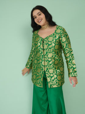 Women Green Brocade Sweetheart Neck With Flared Pants