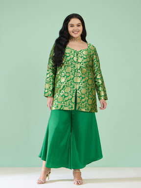 Women Green Brocade Sweetheart Neck With Flared Pants