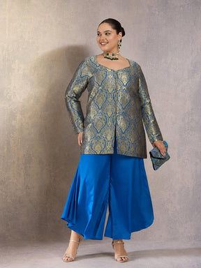 Royal Blue Brocade Sweetheart Neck Top With Flared Pants-Shae by SASSAFRAS