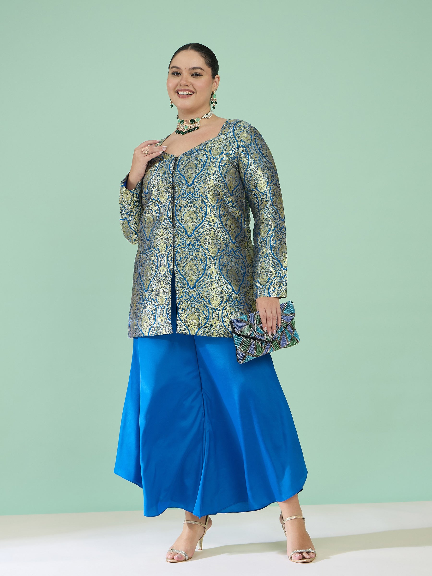 Royal Blue Brocade Sweetheart Neck Top With Flared Pants-Shae by SASSAFRAS