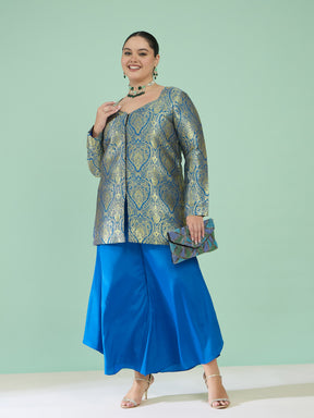 Royal Blue Brocade Sweetheart Neck Top With Flared Pants-Shae by SASSAFRAS