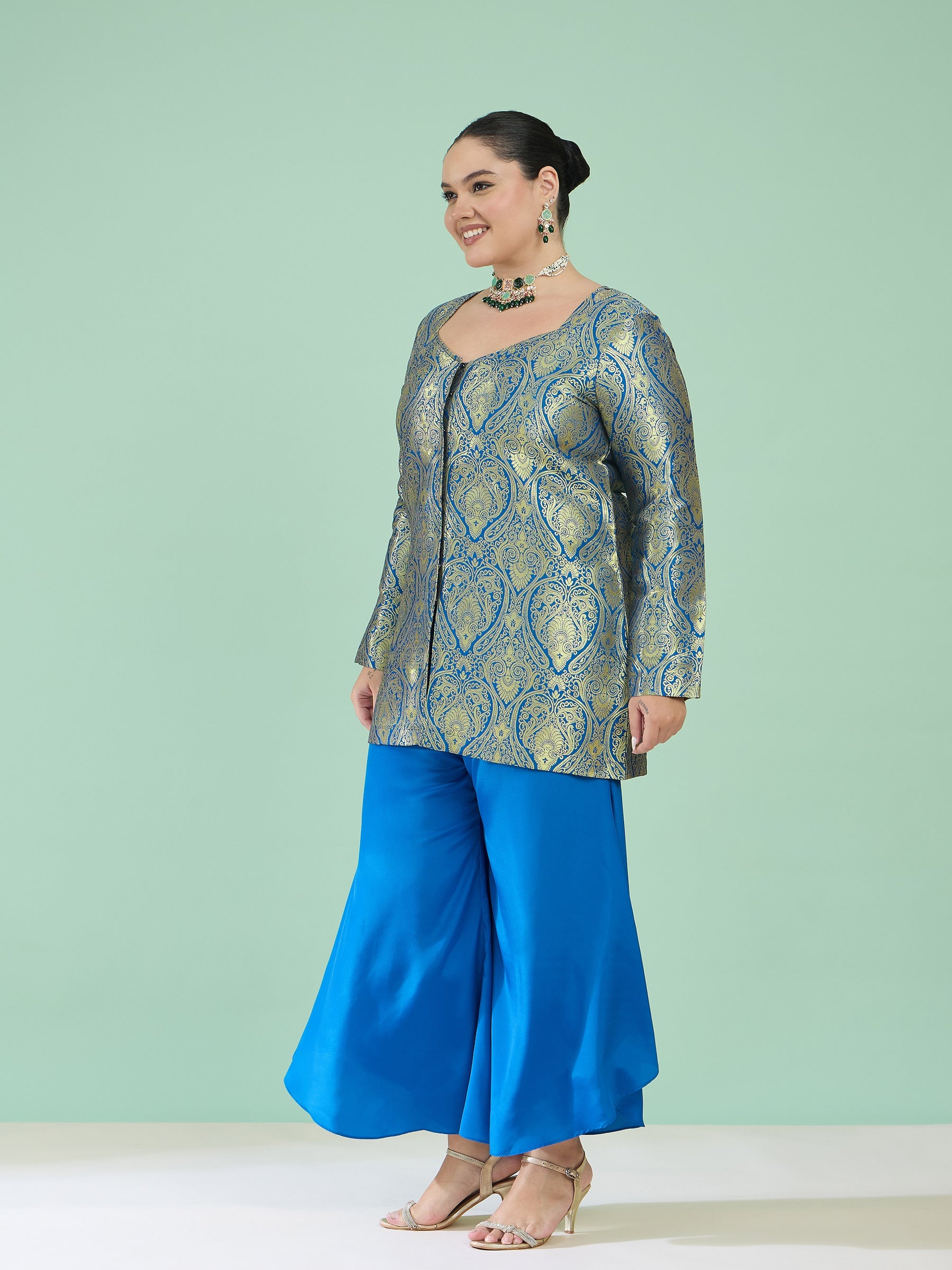 Royal Blue Brocade Sweetheart Neck Top With Flared Pants-Shae by SASSAFRAS