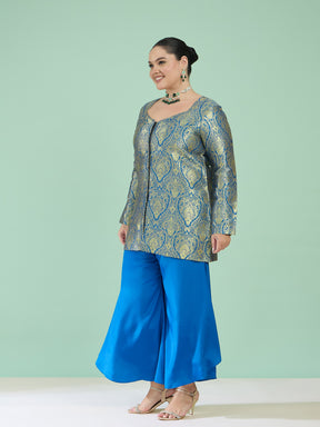 Royal Blue Brocade Sweetheart Neck Top With Flared Pants-Shae by SASSAFRAS