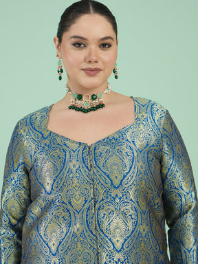 Women Royal Blue Brocade Sweetheart Neck Top With Flared Pants