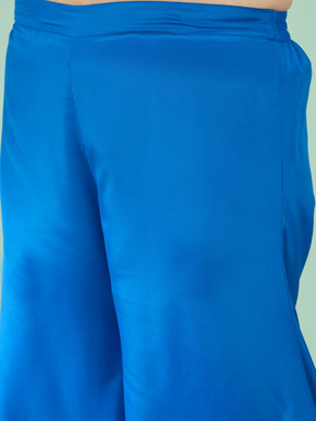 Women Royal Blue Brocade Sweetheart Neck Top With Flared Pants