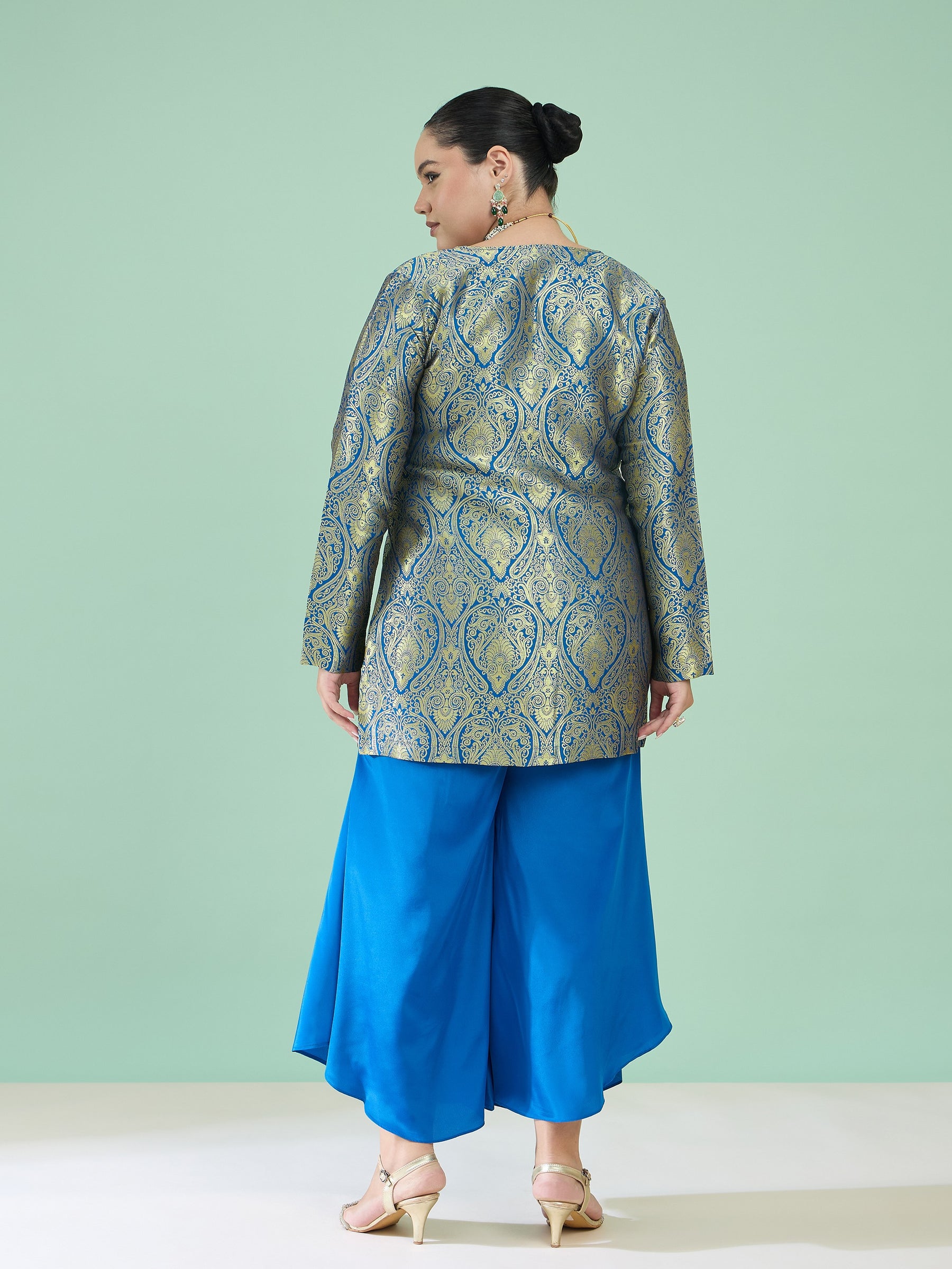 Women Royal Blue Brocade Sweetheart Neck Top With Flared Pants