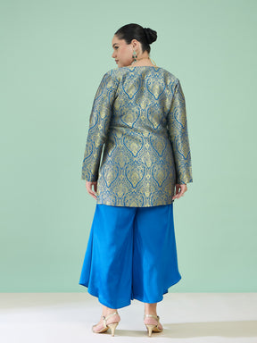 Women Royal Blue Brocade Sweetheart Neck Top With Flared Pants