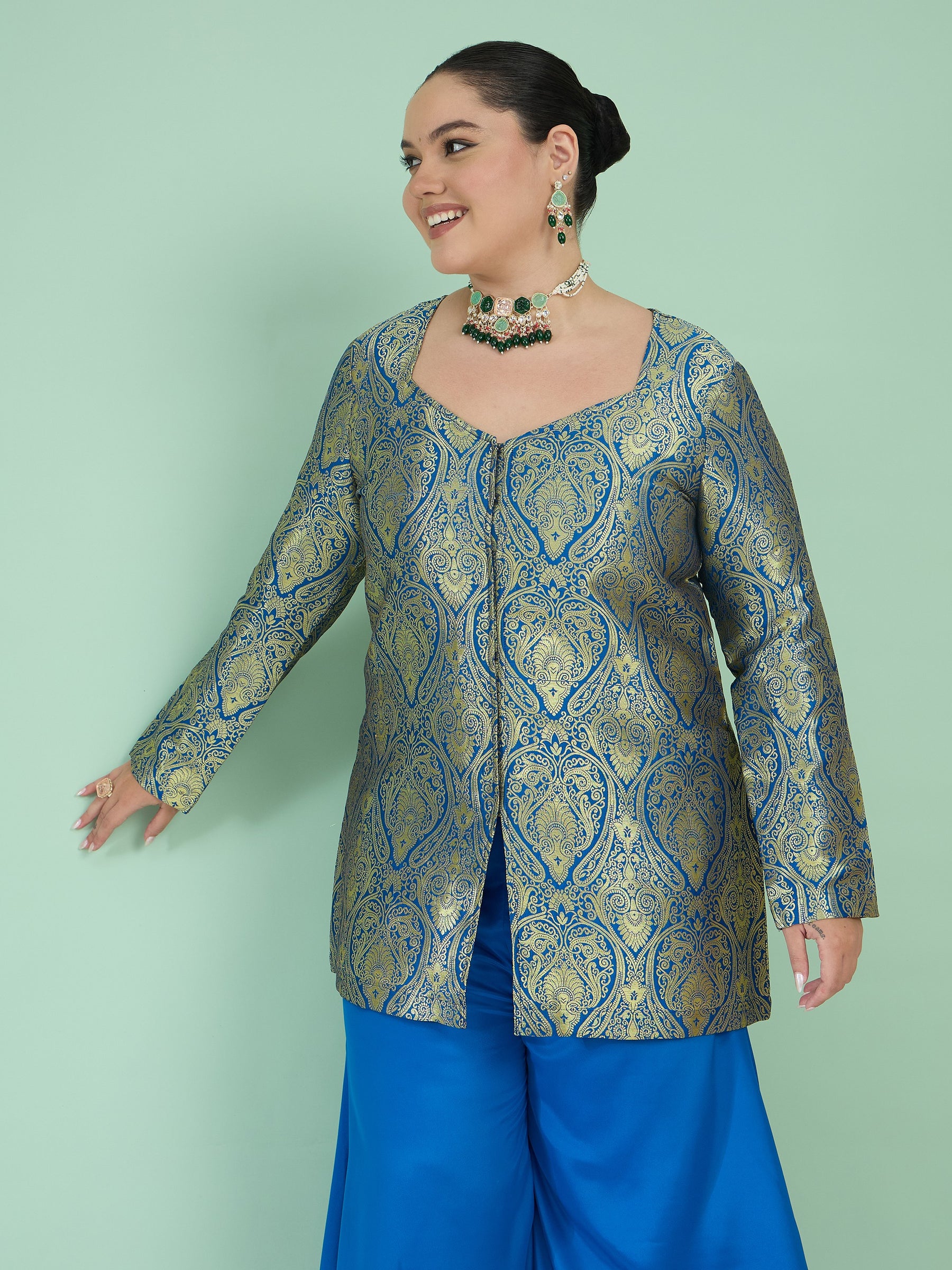 Women Royal Blue Brocade Sweetheart Neck Top With Flared Pants