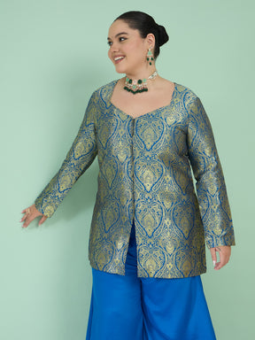 Women Royal Blue Brocade Sweetheart Neck Top With Flared Pants