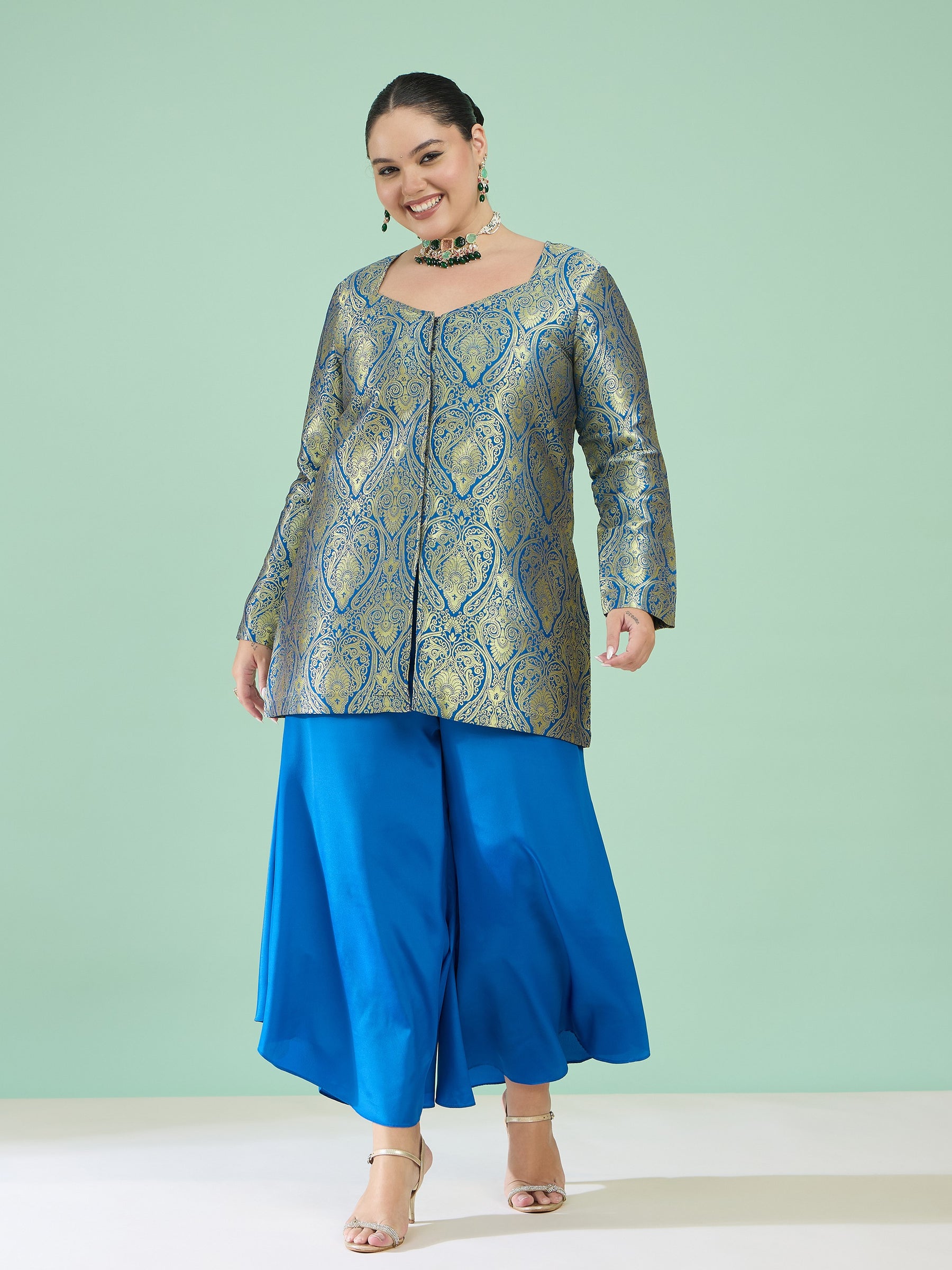 Women Royal Blue Brocade Sweetheart Neck Top With Flared Pants