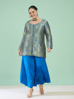 Women Royal Blue Brocade Sweetheart Neck Top With Flared Pants