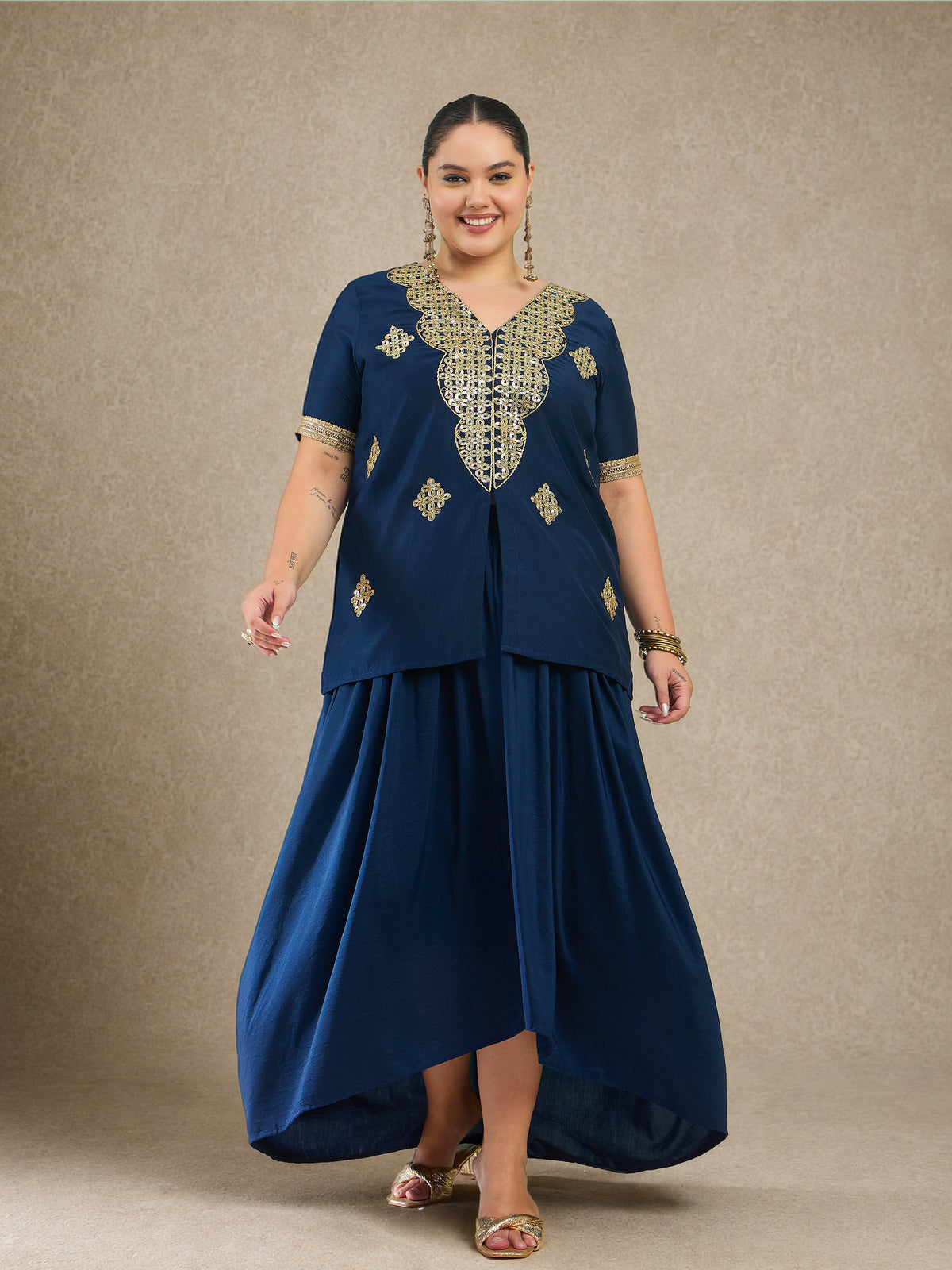 Navy Embroidered Short Sleeves Top With Dhoti Skirt -Shae by SASSAFRAS