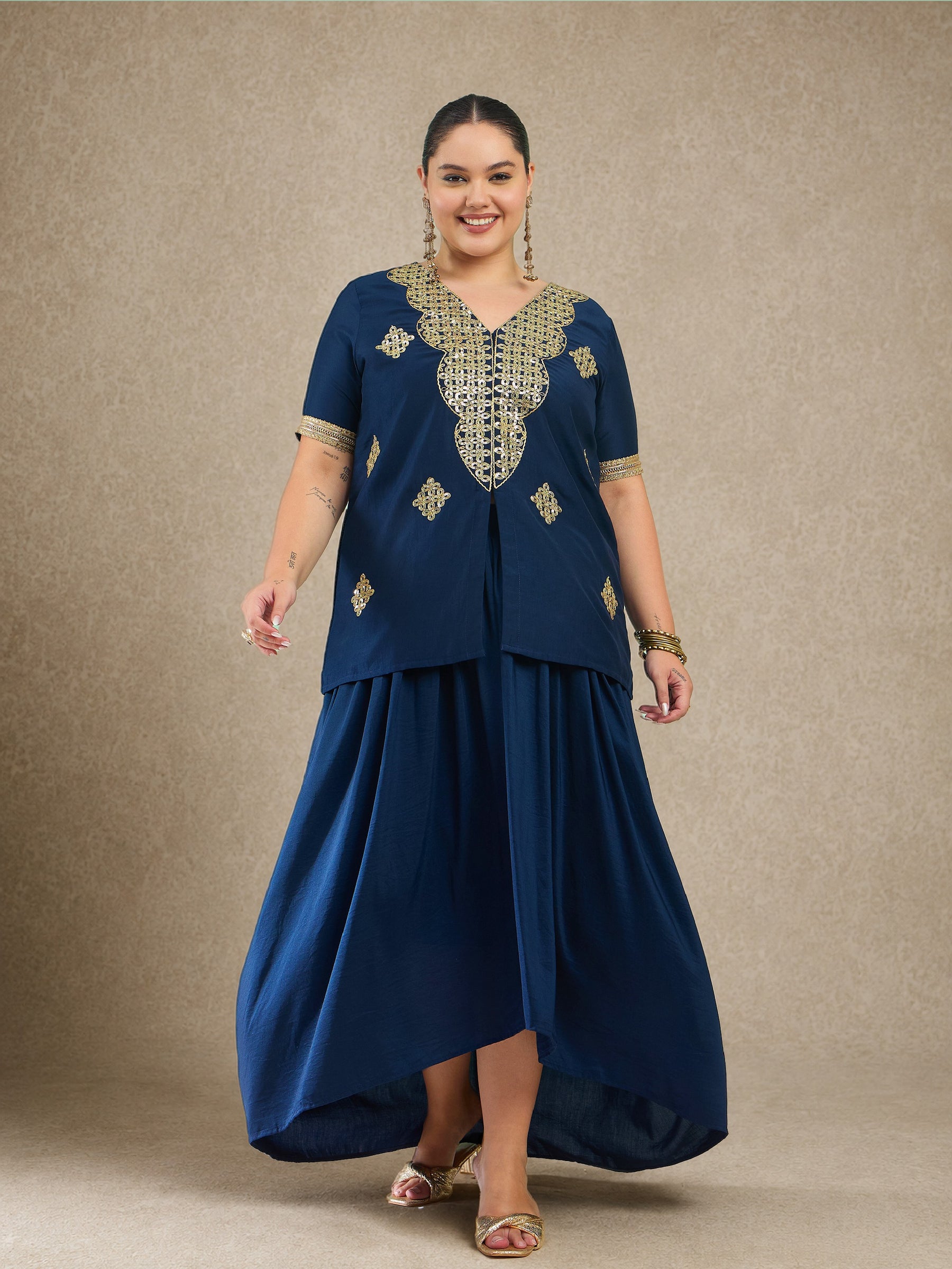 Navy Embroidered Short Sleeves Top With Dhoti Skirt -Shae by SASSAFRAS