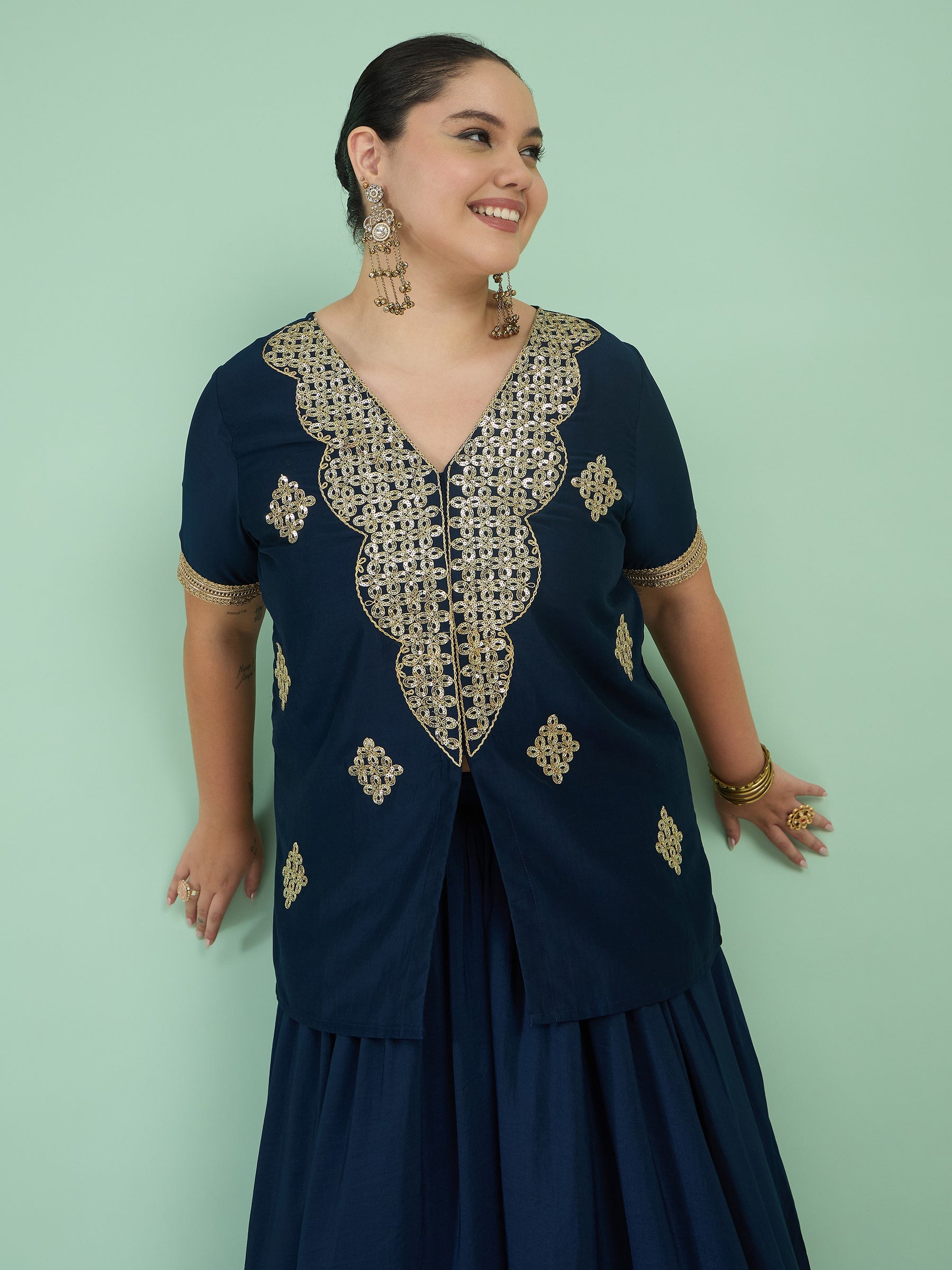 Navy Embroidered Short Sleeves Top With Dhoti Skirt -Shae by SASSAFRAS