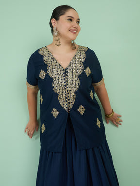 Navy Embroidered Short Sleeves Top With Dhoti Skirt -Shae by SASSAFRAS