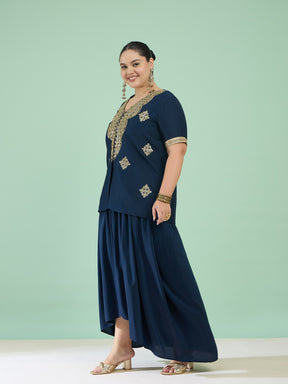 Navy Embroidered Short Sleeves Top With Dhoti Skirt -Shae by SASSAFRAS