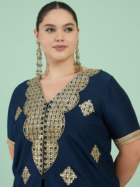 Women Navy Embroidered Short Sleeves Top With Dhoti Skirt