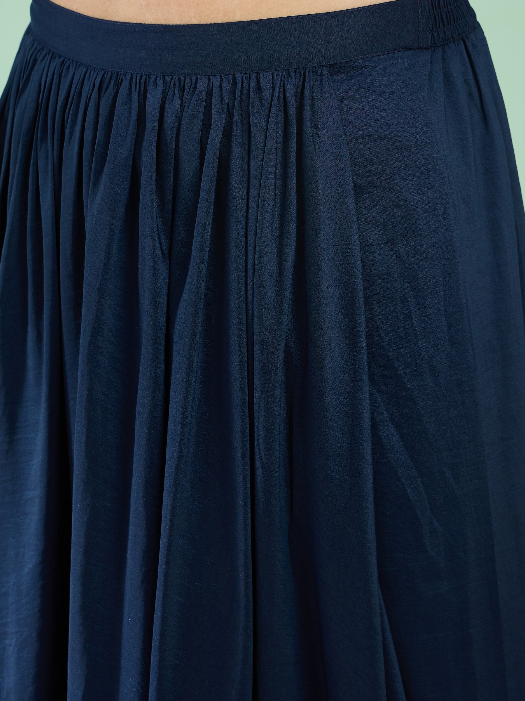 Women Navy Embroidered Short Sleeves Top With Dhoti Skirt