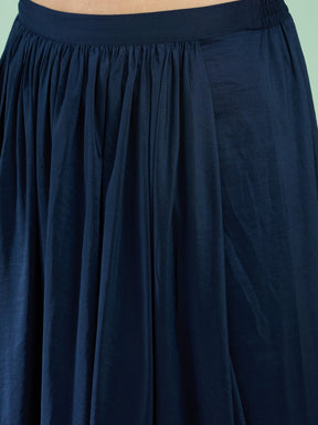 Women Navy Embroidered Short Sleeves Top With Dhoti Skirt