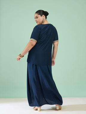 Women Navy Embroidered Short Sleeves Top With Dhoti Skirt