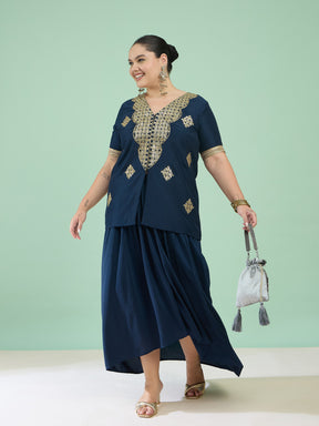 Women Navy Embroidered Short Sleeves Top With Dhoti Skirt
