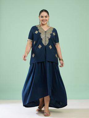 Women Navy Embroidered Short Sleeves Top With Dhoti Skirt