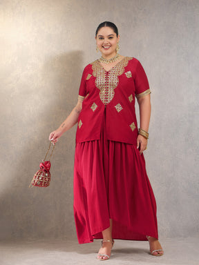 Maroon Embroidered Short Sleeves Top With Dhoti Skirt -Shae by SASSAFRAS