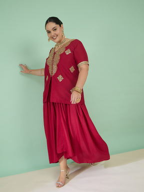Maroon Embroidered Short Sleeves Top With Dhoti Skirt -Shae by SASSAFRAS