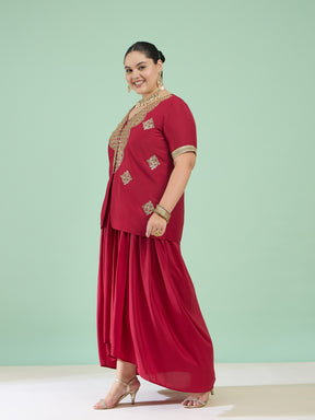Maroon Embroidered Short Sleeves Top With Dhoti Skirt -Shae by SASSAFRAS