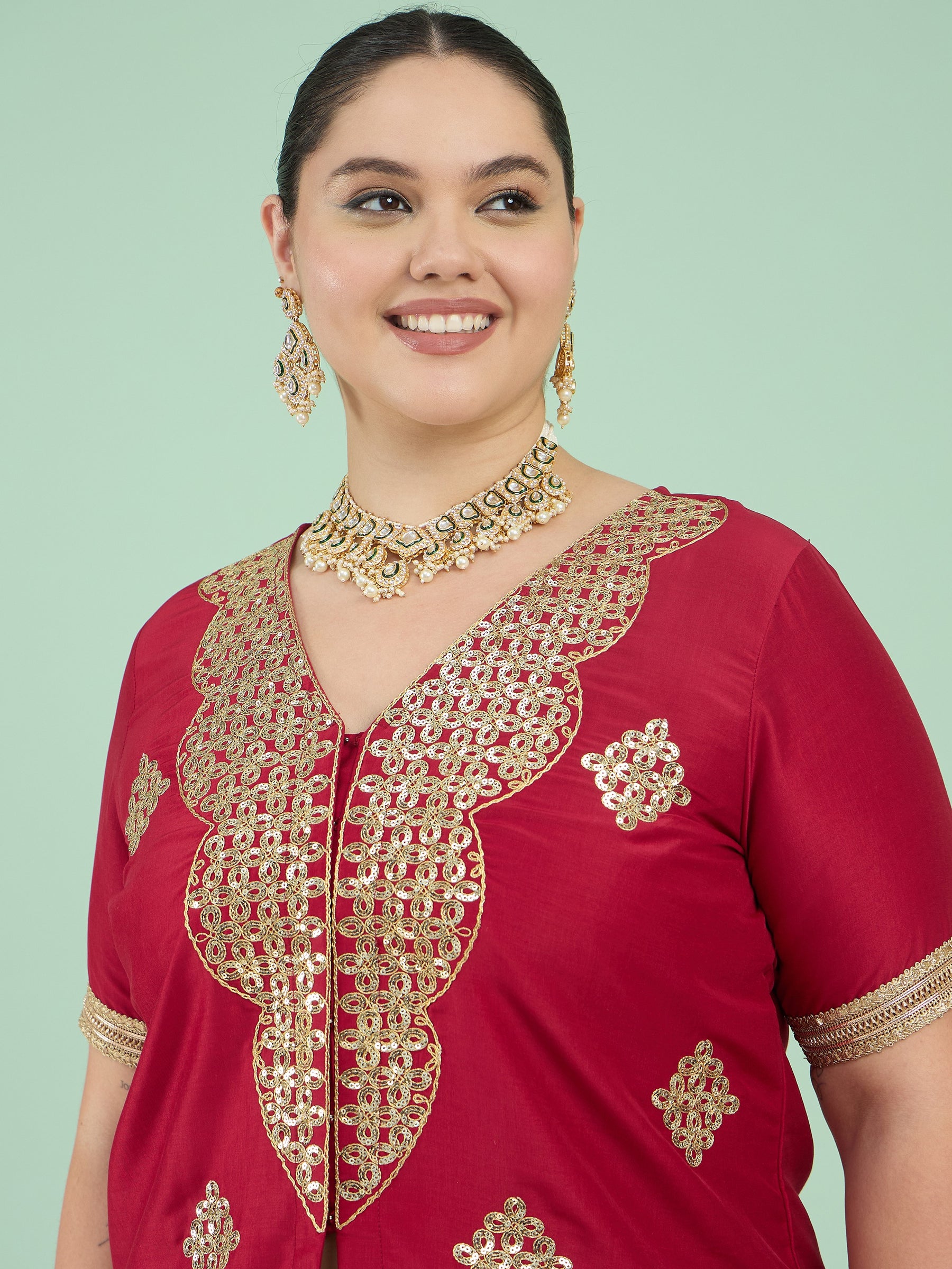 Women Maroon Embroidered Short Sleeves Top With Dhoti Skirt