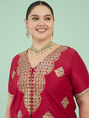 Women Maroon Embroidered Short Sleeves Top With Dhoti Skirt