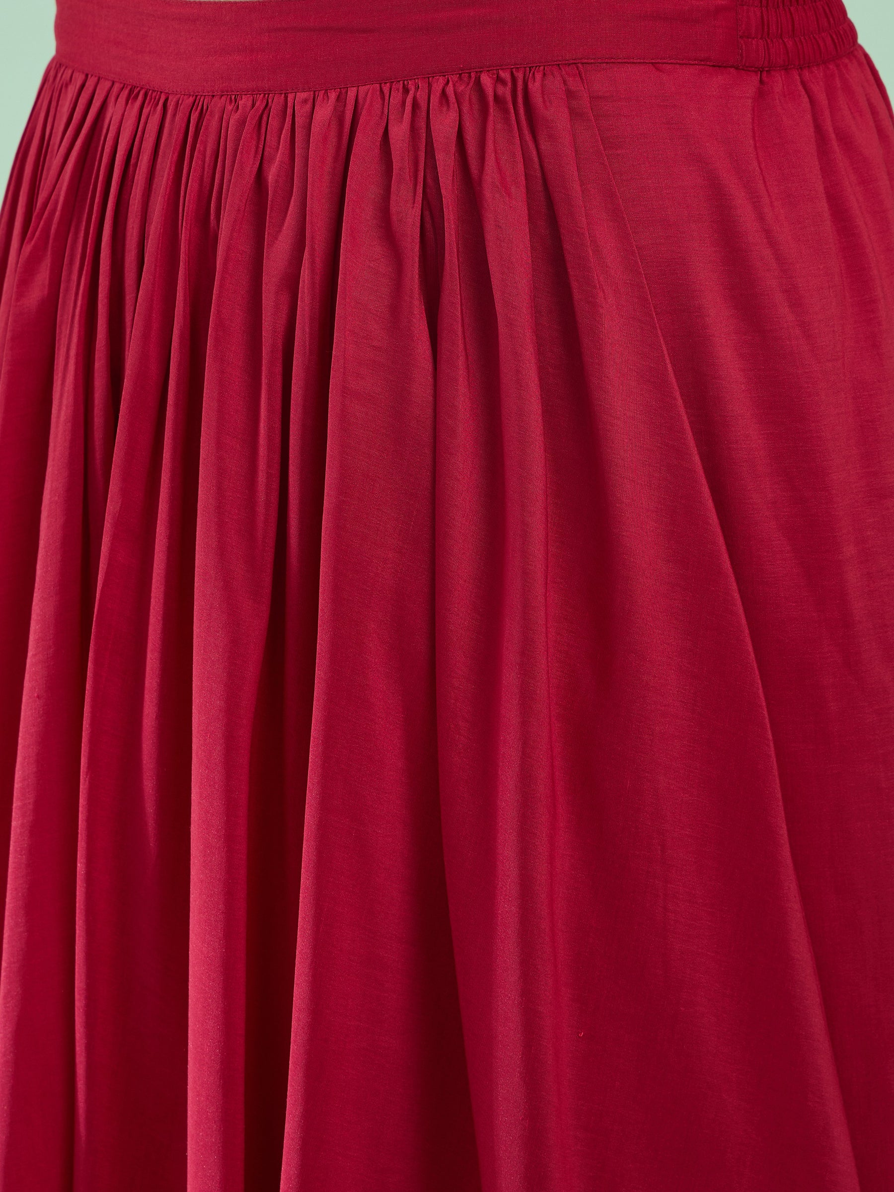 Women Maroon Embroidered Short Sleeves Top With Dhoti Skirt