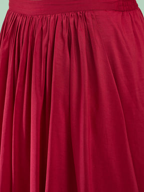 Women Maroon Embroidered Short Sleeves Top With Dhoti Skirt