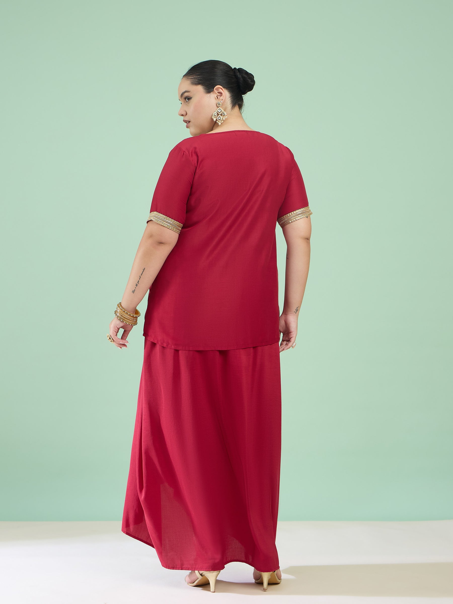 Women Maroon Embroidered Short Sleeves Top With Dhoti Skirt