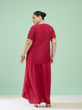 Women Maroon Embroidered Short Sleeves Top With Dhoti Skirt