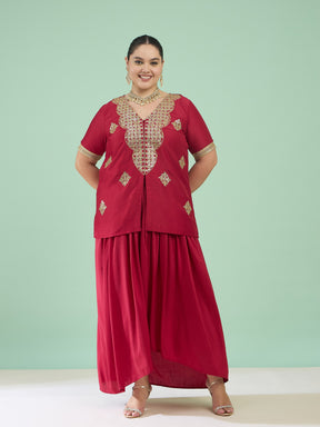 Women Maroon Embroidered Short Sleeves Top With Dhoti Skirt