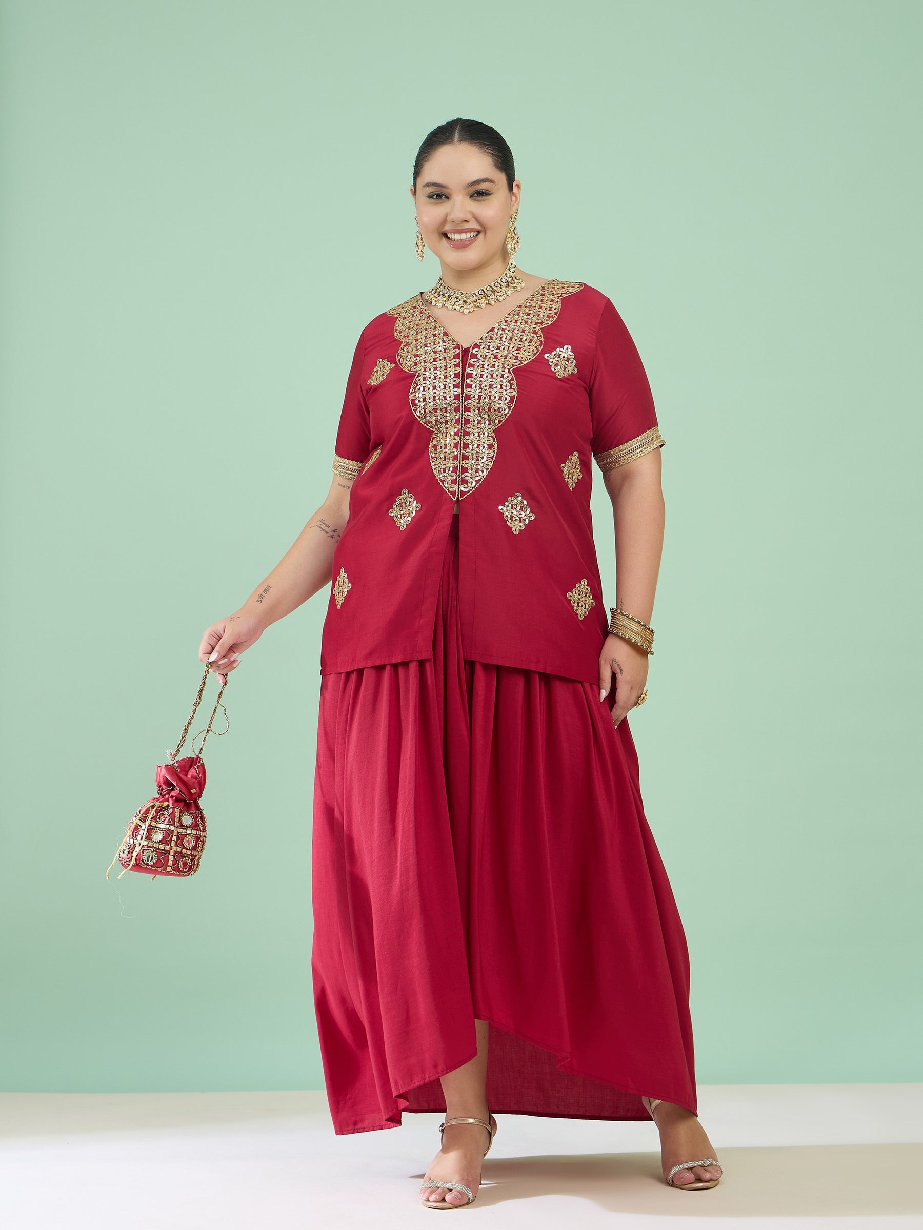 Women Maroon Embroidered Short Sleeves Top With Dhoti Skirt