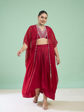 Maroon Embroidered Crop Top With Dhoti Skirt & Shrug-Shae by SASSAFRAS
