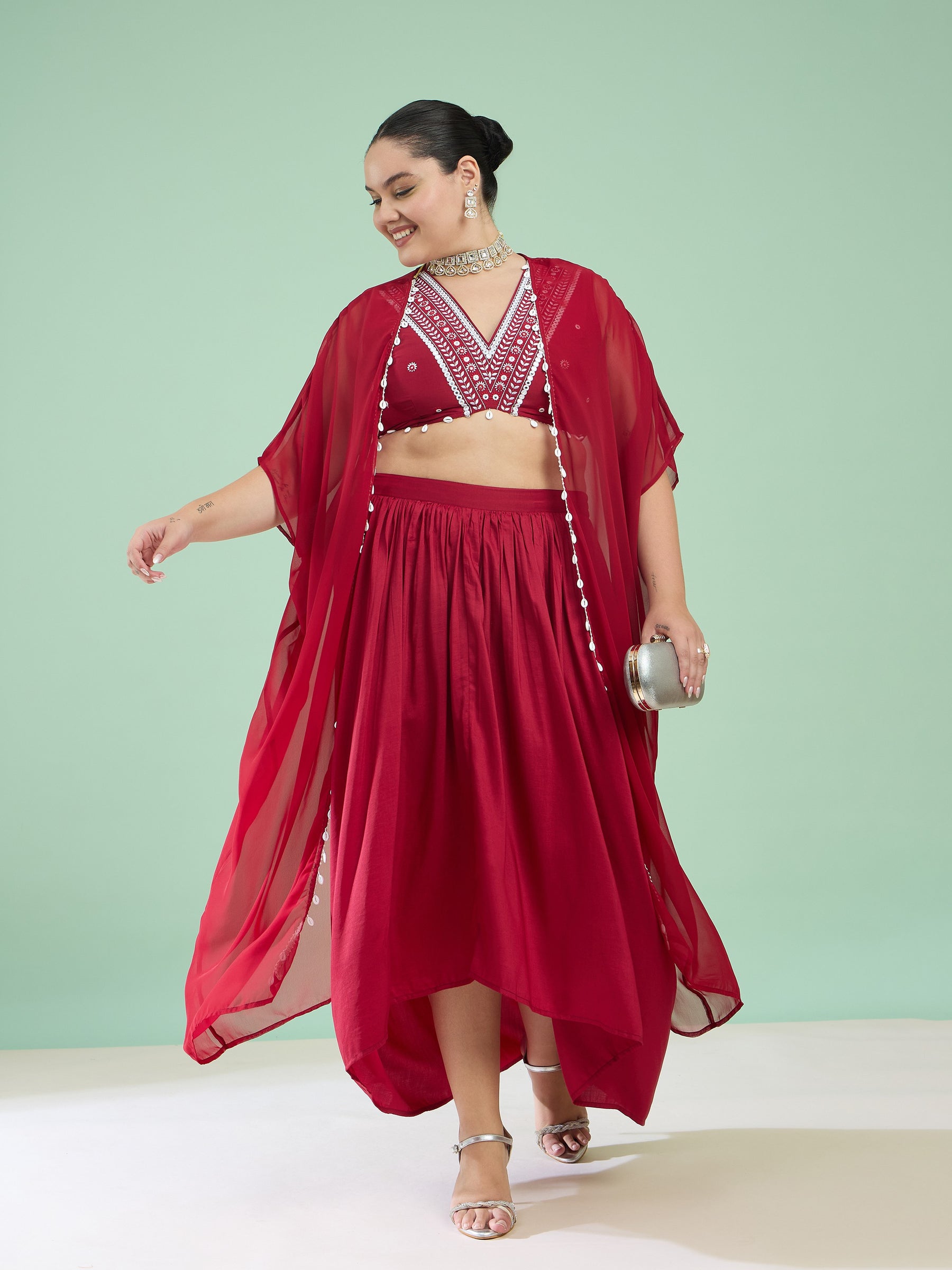 Maroon Embroidered Crop Top With Dhoti Skirt & Shrug-Shae by SASSAFRAS