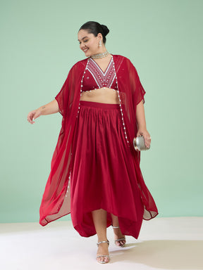 Maroon Embroidered Crop Top With Dhoti Skirt & Shrug-Shae by SASSAFRAS