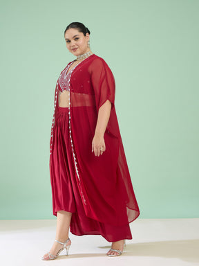 Maroon Embroidered Crop Top With Dhoti Skirt & Shrug-Shae by SASSAFRAS