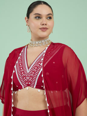 Women Maroon Embroidered Crop Top With Dhoti Skirt & Shrug