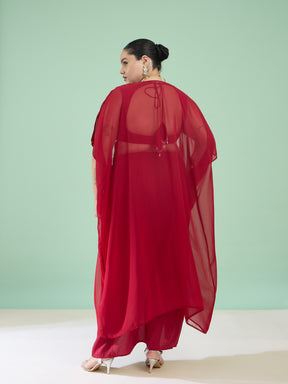 Women Maroon Embroidered Crop Top With Dhoti Skirt & Shrug