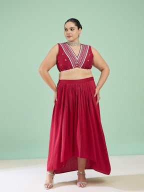 Women Maroon Embroidered Crop Top With Dhoti Skirt & Shrug